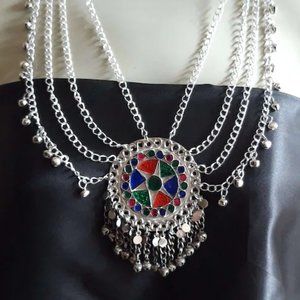 Ethnic Multilayers Bib Necklace, Tribal Silver Bib Necklace, Kuchi Boho Jewelry